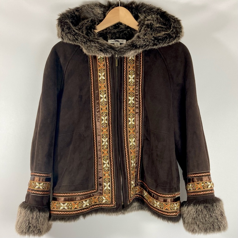 Coldwater Creek Embroidered Trim Faux Fur/Suede Jacket, Size PM